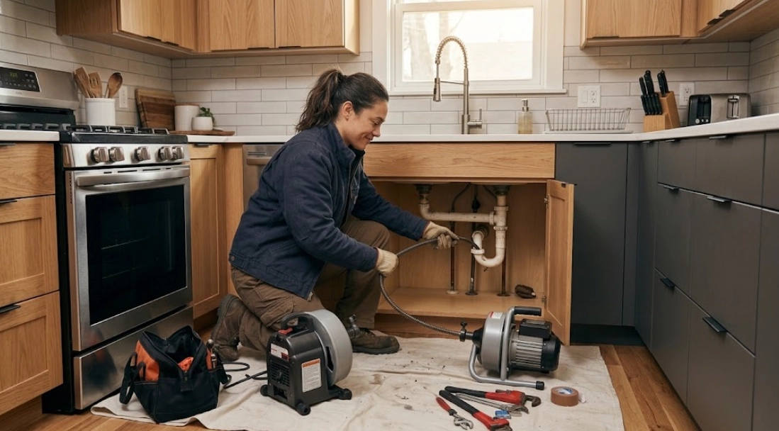 Kitchen sink drain cleaning and motorized snaking in Greenpoint, Brooklyn