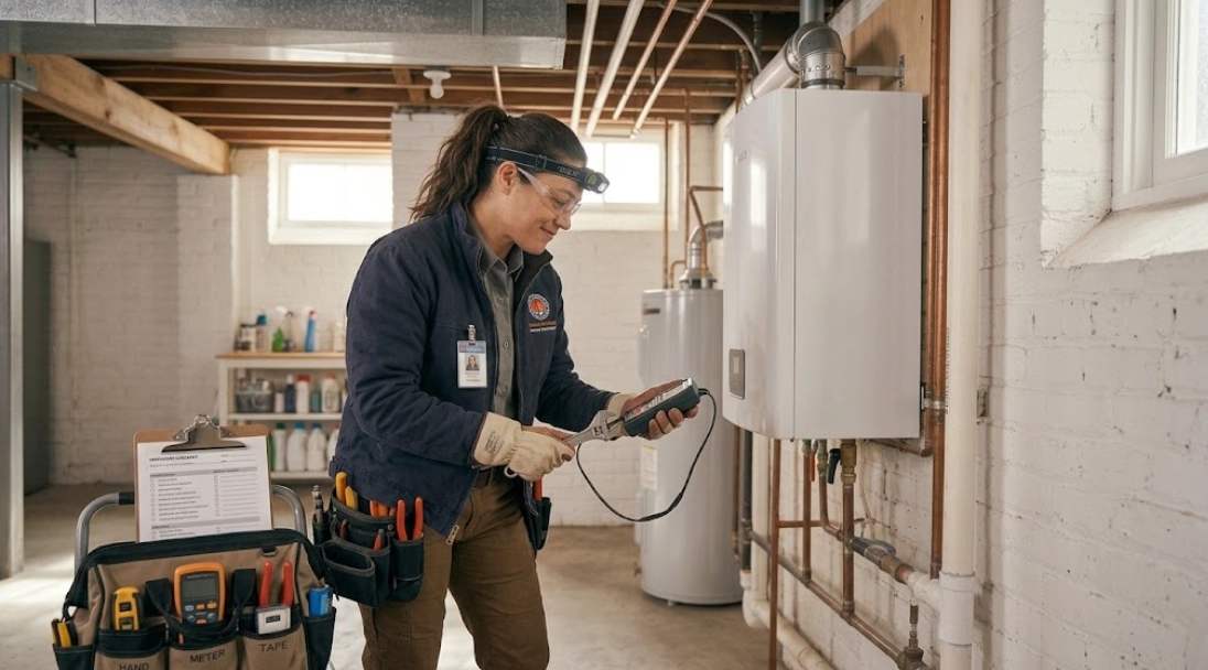 Professional boiler repair technician troubleshooting heating equipment in Greenpoint, Brooklyn